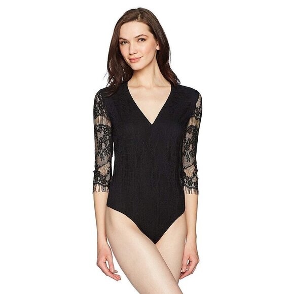 $99 NWT True Religion Womens Deep V Neck Lace Bodysuit Top Stretch Black Sz XS - Picture 1 of 11